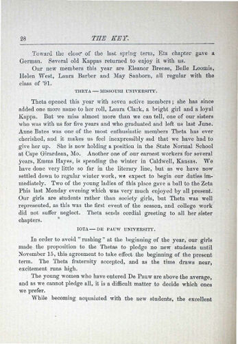 Chapter Letters: Theta - Missouri University, December 1887 (image)
